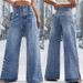 Women's High Waist Wide Leg Jeans Floral Print Slit Hem Retro Button Detail Spring Summer New Arrival Denim_mkmklike.com
