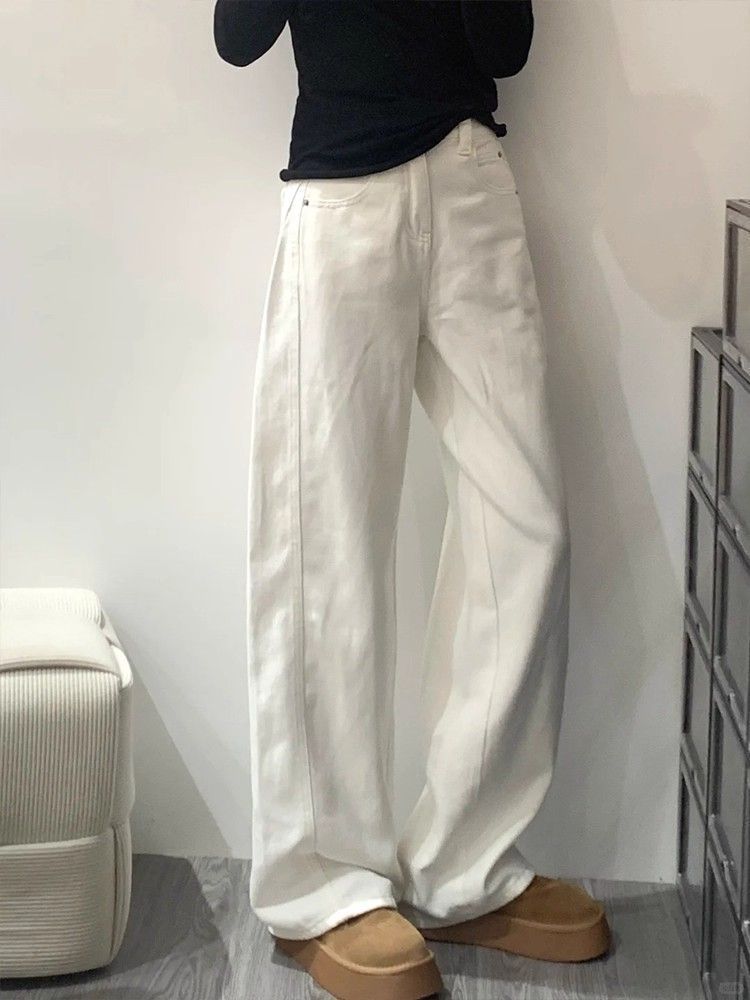 Retro American Brown Curved Jeans plus Size Women Straight Leg Slimming Wide Leg Pants for Pear Shaped Figures Autumn Style_mkmklike.com