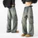 Men's Vintage Washed Cargo Jeans With 3D Pockets – Retro Workwear Pants | Distressed Denim For Street Style_mkmklike.com