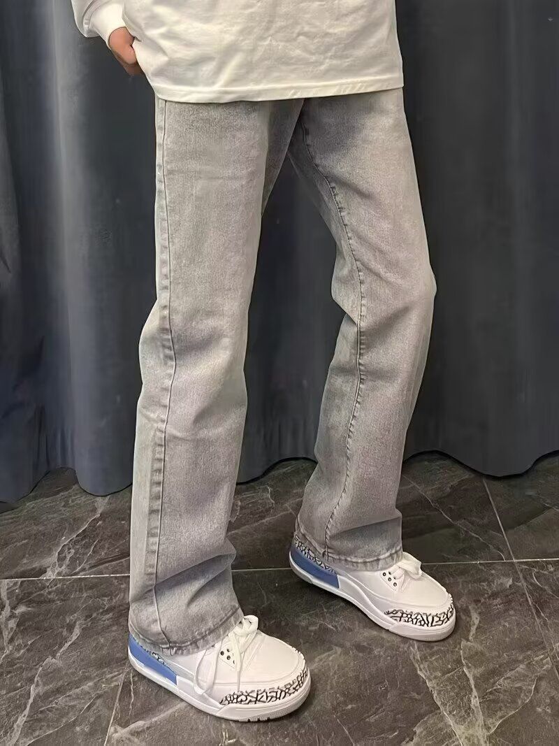 Vintage High Street Straight Leg Slightly Flared Jeans For Men & Women - Cement Grey Casual Slim Fit Denim Pants_mkmklike.com
