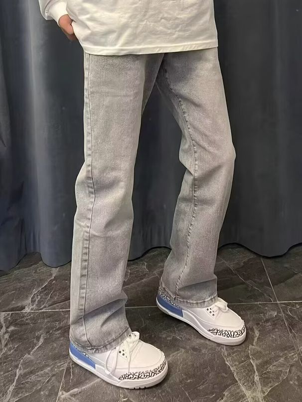 Vintage High Street Straight Leg Slightly Flared Jeans For Men & Women - Cement Grey Casual Slim Fit Denim Pants_mkmklike.com