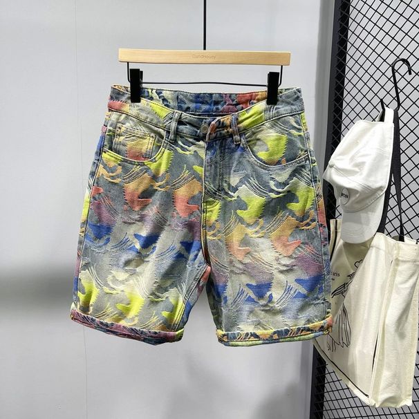 Men's Colorful Jacquard Denim Shorts Summer Casual Versatile Five Point Pants Streetwear Brand Instagram Style_mkmklike.com
