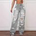 Women's Clothing Ripped Jeans Washed High Waist Straight Leg Distressed Jeans - Classic Blue & Grey Washed Denim Pants For Casual & Streetwear_mkmklike.com