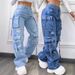 Women's High Waist Large Size Denim Trousers 2025 European Fashion Solid Color Versatile Multi Pocket Casual Workwear_mkmklike.com
