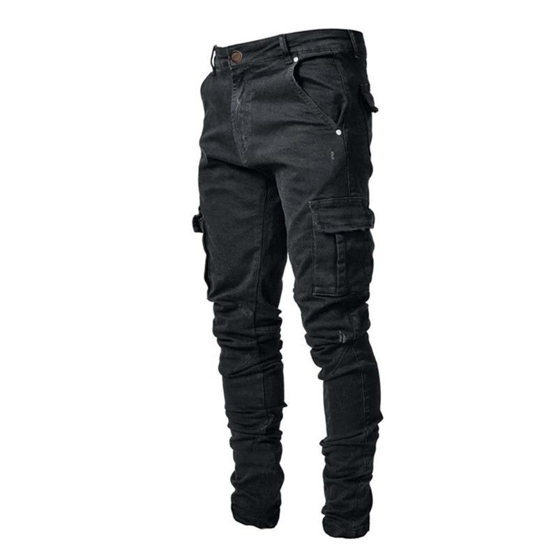 Men's Utility Cargo Jeans – High-Street Washed Denim, Multi-Pocket Workwear Pants (S-3xl, Black/Grey/Navy/Light Blue, Slim Tapered Fit)_mkmklike.com