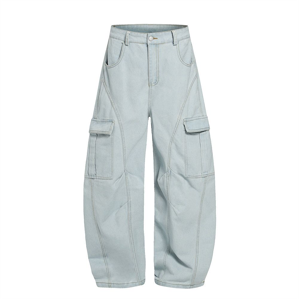 American Multi-Pocket Scimitar Jeans For Men Loose Design High Street Workwear Style Wide-Leg Floor-Length Pants_mkmklike.com