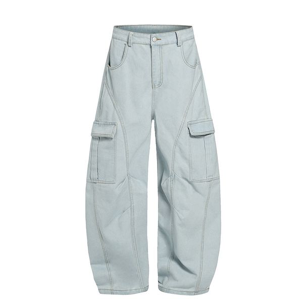 American Multi-Pocket Scimitar Jeans For Men Loose Design High Street Workwear Style Wide-Leg Floor-Length Pants_mkmklike.com