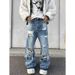 Men's Retro Washed Ripped And Distressed Slightly Flared Jeans Casual High Street Style Trendy Floor-Length Trousers_mkmklike.com