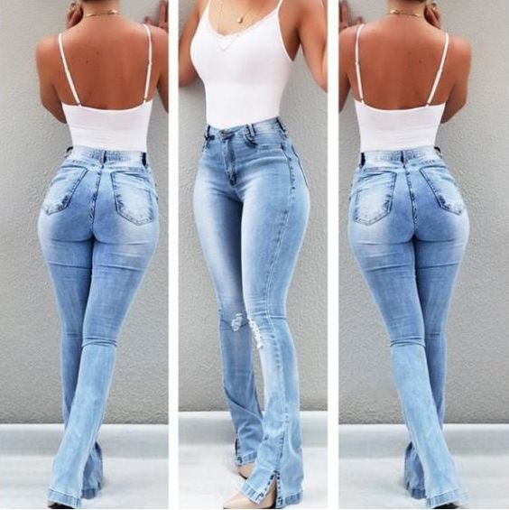 Women's Casual Fashion Elastic Slit Flared High Waist Jeans Women's Trousers_mkmklike.com