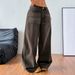 TK184 Women's Washed Fringe Low Waisted Slim Fit Straight Wide Leg Jeans Coffee Brown Floor Length Pants_mkmklike.com