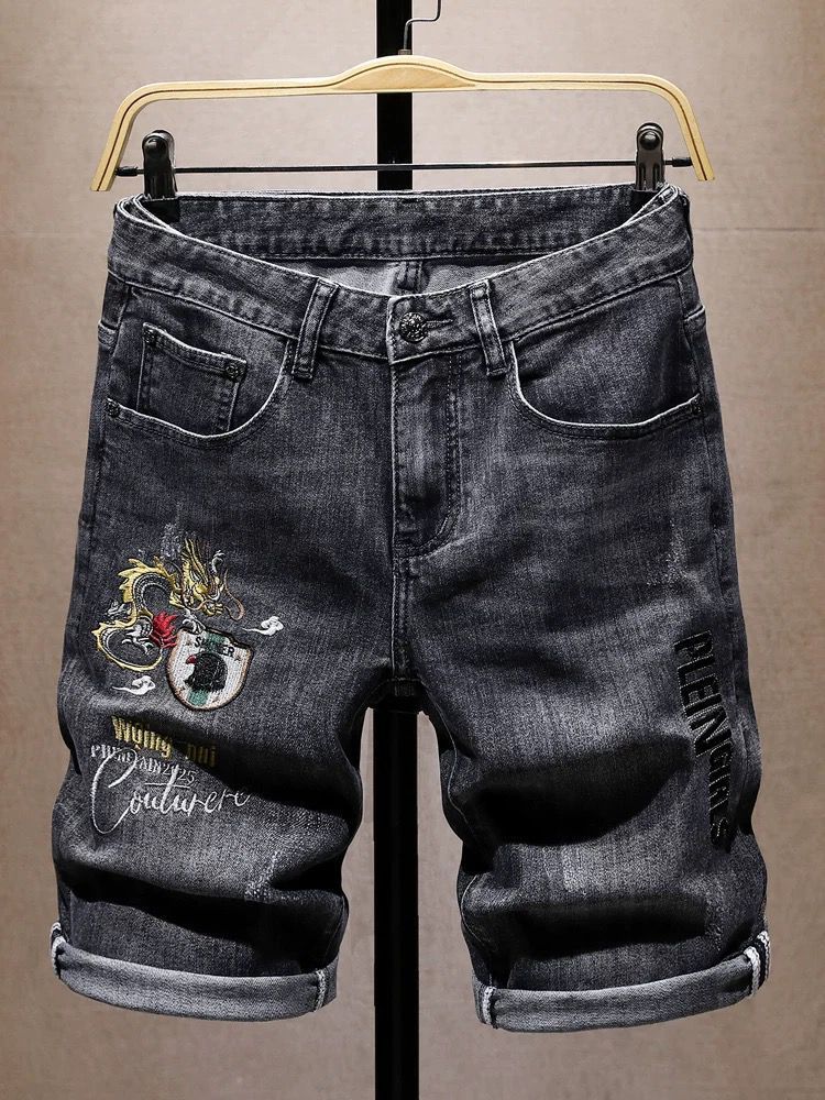 Men's Clothing Summer Thin Ripped Black Embroidered Denim Shorts Men's Shorts Elastic Mid Length Pants Trendy Horse Pants_mkmklike.com