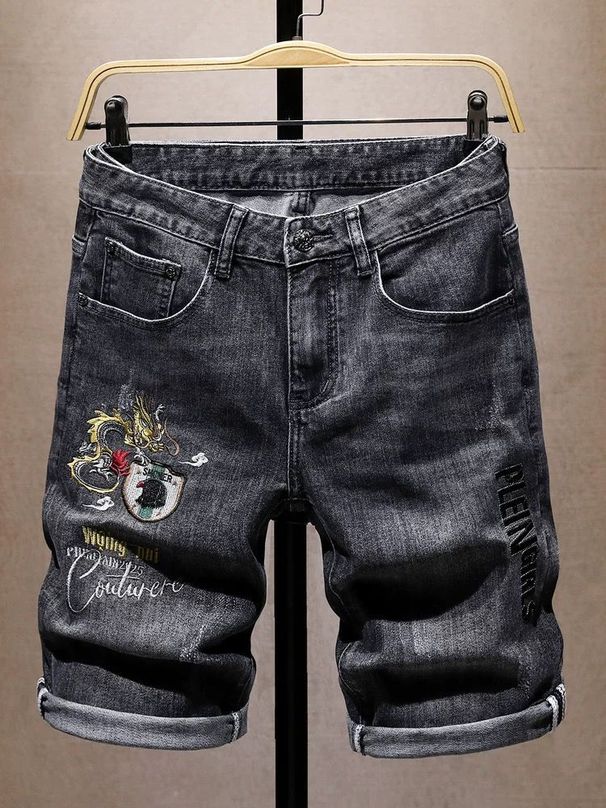 Men's Clothing Summer Thin Ripped Black Embroidered Denim Shorts Men's Shorts Elastic Mid Length Pants Trendy Horse Pants_mkmklike.com