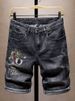 Men's Clothing Summer Thin Ripped Black Embroidered Denim Shorts Men's Shorts Elastic Mid Length Pants Trendy Horse Pants_mkmklike.com