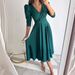 Women's Clothing solid color V neck waist bubble three quarter sleeves swing dress long_mkmklike.com