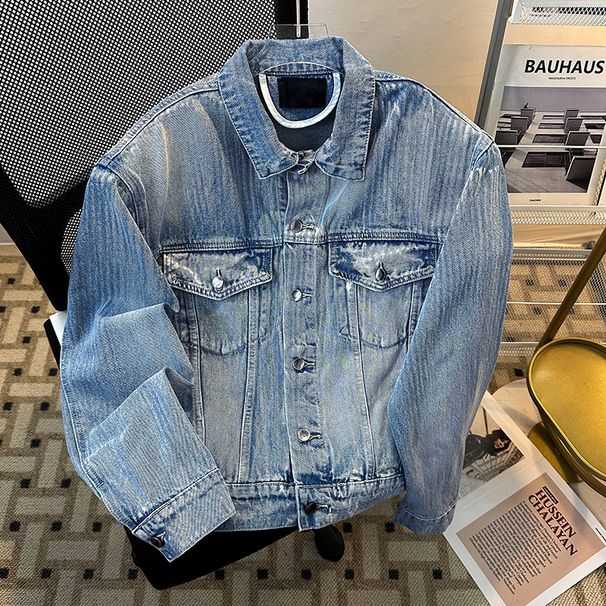 Shoulder Padded Denim Jacket, Heavy-duty Washed Denim Jacket, Short Workwear Jacket_mkmklike.com