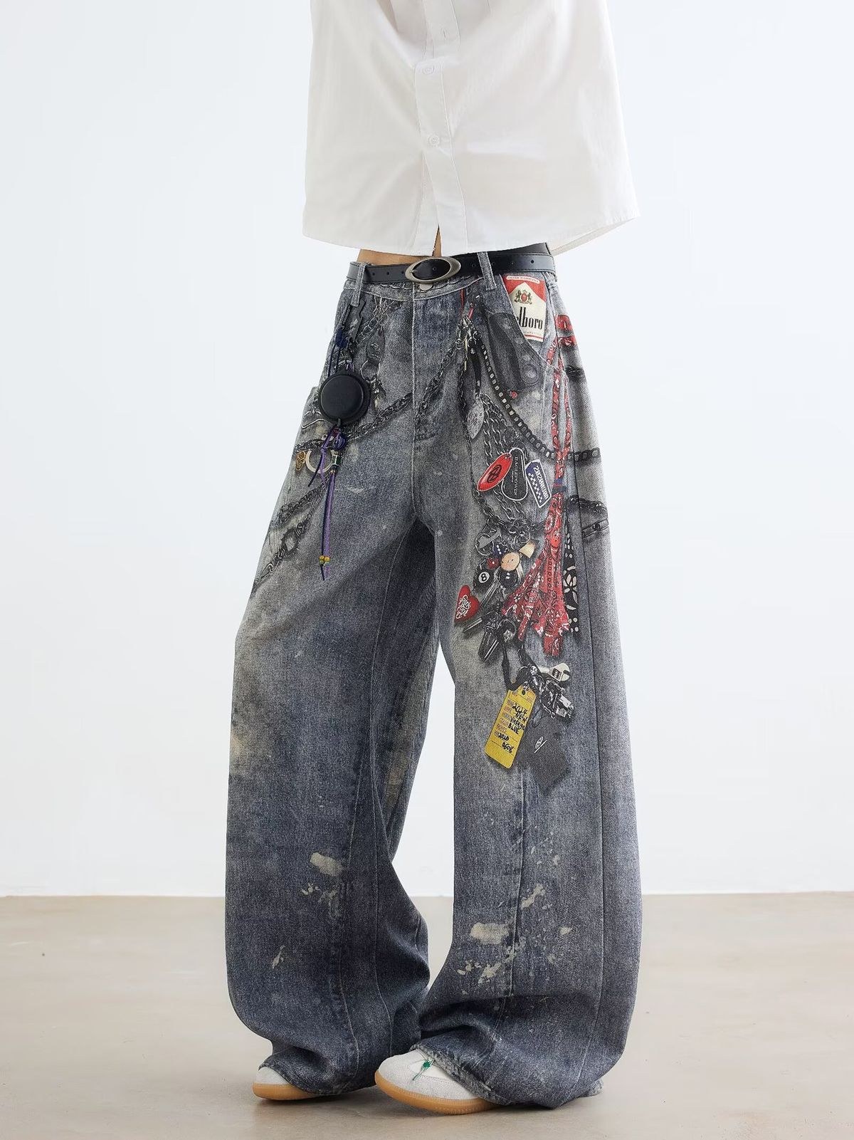 3D Three Dimensional Digital Printing Pants Chain Washed Ink Distressed Retro Wide Leg Straight Denim Trousers_mkmklike.com
