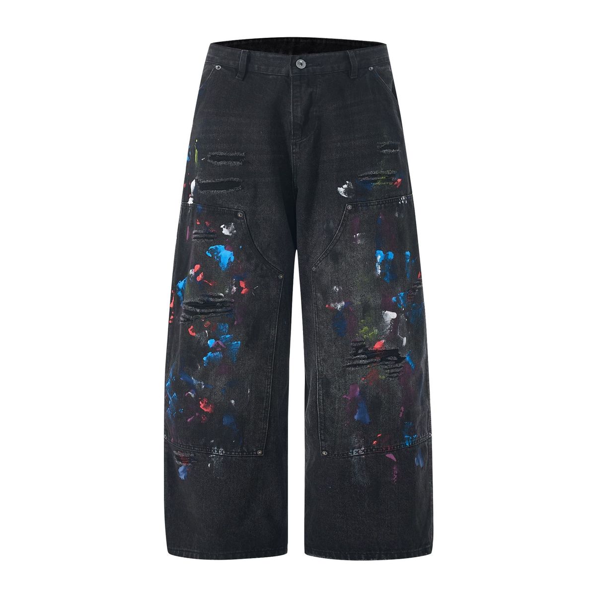 Men's Clothing Street Art Distressed Jeans – Oversized Straight-Leg Paint-Splattered Denim Pants With Hand-Painted Graffiti & Ripped Details (S-3XL)_mkmklike.com
