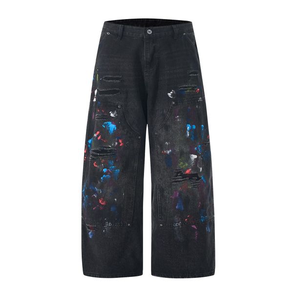 Men's Clothing Street Art Distressed Jeans – Oversized Straight-Leg Paint-Splattered Denim Pants With Hand-Painted Graffiti & Ripped Details (S-3XL)_mkmklike.com