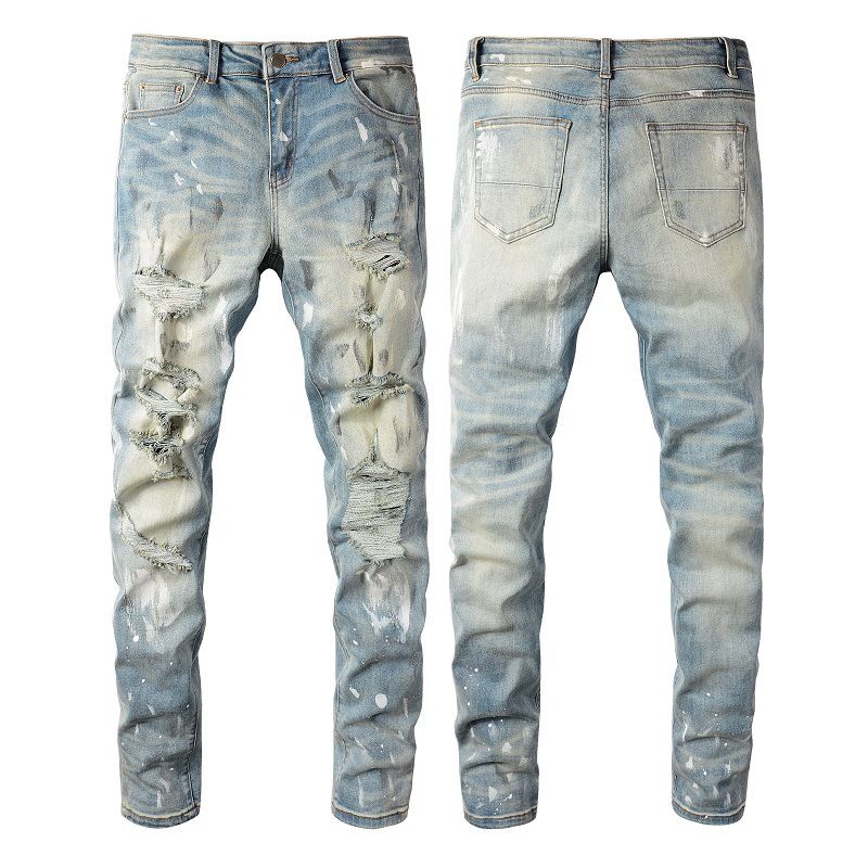 Cross-border Jeans Trendy Brand Retro Paint Ripped Pants Men's Jeans Men's Slim-fit Trousers American Denim 6530_mkmklike.com