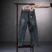 Men's Japanese Retro Style Loose Fit Casual Pants mid Waist Straight Leg Stretch Business Workwear Durable Washed Blue Jeans_mkmklike.com