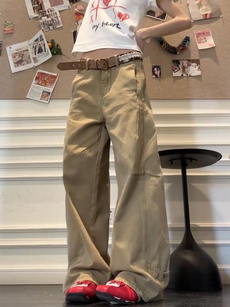 Plus Size American Style Khaki Cargo Jeans For Women High Street Design Loose Wide Leg Draped Straight Long Pants_mkmklike.com