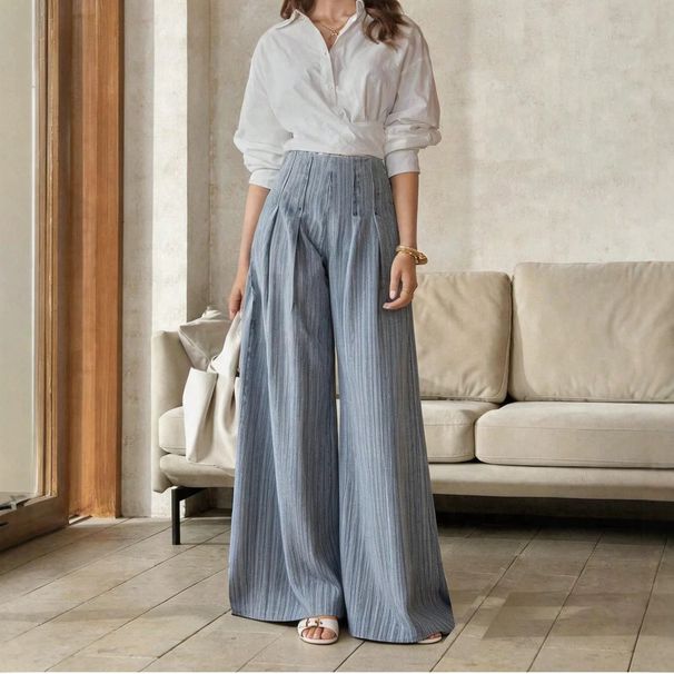 Women's High Waist Striped Washed Denim Jeans BAGGY Straight Leg Long Pants Available_mkmklike.com