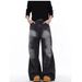 Men's Clothing Retro Distressed Lightning Crack Flared Jeans Color Matching Cleanfit Loose Casual Wide Leg Flared Trousers_mkmklike.com