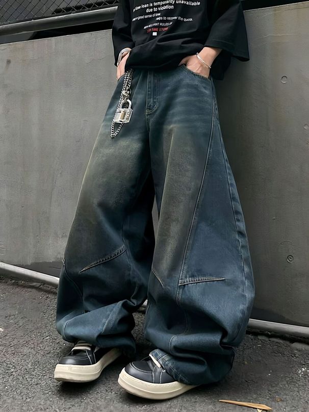 Men's High-Waist Distressed Cat Whiskering Silhouette Jeans Retro American Washed Wide Leg Cotton Pants Machine Washable_mkmklike.com