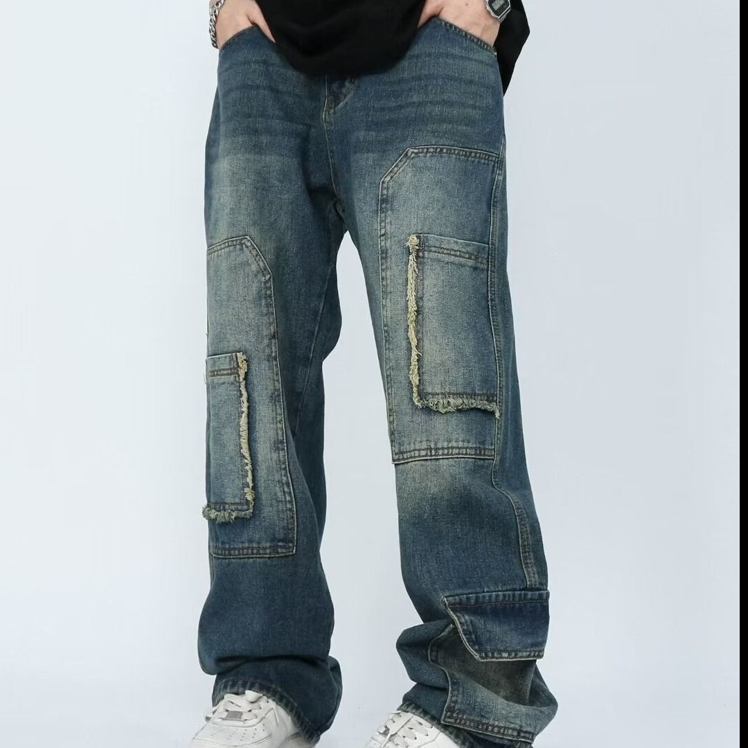 Men's Clothing High Street Retro Wide Leg Jeans Men's Spring And Summer New Loose Versatile Ripped Design Straight Pants_mkmklike.com