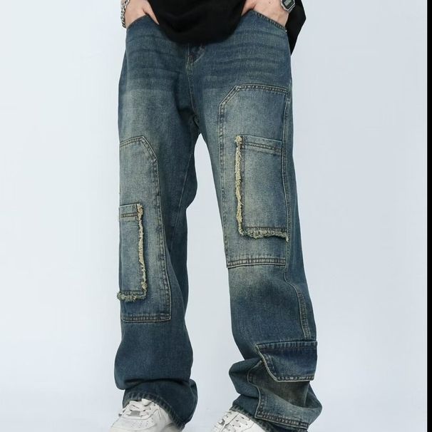 Men's Clothing High Street Retro Wide Leg Jeans Men's Spring And Summer New Loose Versatile Ripped Design Straight Pants_mkmklike.com