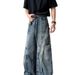 Unisex Retro American Washed Deconstructed Curved Blade Jeans Trendy Straight Leg Relaxed Fit Wide Leg Floor Length_mkmklike.com