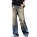 Men's Distressed Washed Denim Jeans Loose Fit Wide Legs Straight Cut Ripped Details Street Style Floor Length American Retro Vibe_mkmklike.com