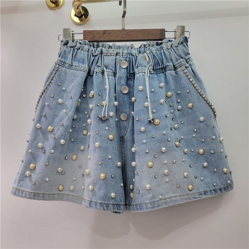 Women's Clothing New Heavy Beaded Diamond High Waist Loose Slim Wide Leg Denim Shorts_mkmklike.com
