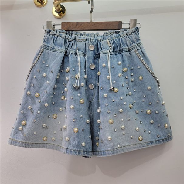 Women's Clothing New Heavy Beaded Diamond High Waist Loose Slim Wide Leg Denim Shorts_mkmklike.com
