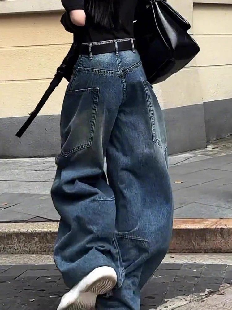 Men’s Clothing Style High Waist Pleated Slim Wide Leg Jeans Large Size All Match Retro Washed Scimitar Mopping Trousers_mkmklike.com