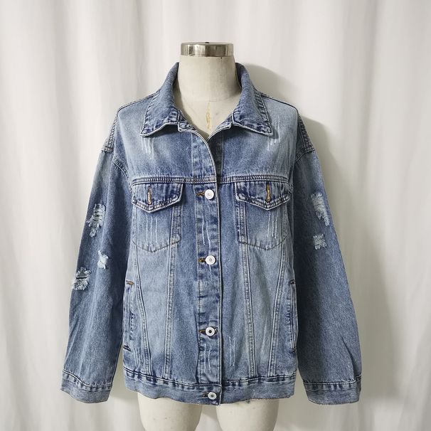 Vintage Distressed Denim Jacket For Women – Oversized Long Sleeve Coat With Ripped Details, Casual Streetwear, Cotton Blend (XS/S/M/L)_mkmklike.com