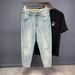 Men's Clothing Tapered High End Nine Point Jeans Men's Skinny Pants Retro Light Blue Handsome Scraped Spring And Summer Thin Nine Point Pants Handsome_mkmklike.com