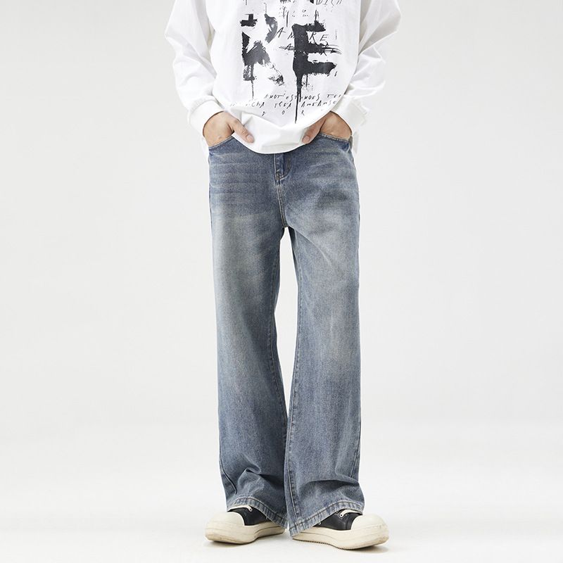 New In Stock American Style Loose Straight Jeans Teenagers, Stylish And Tall, Vintage Washed Wide-Leg Pants For Men_mkmklike.com
