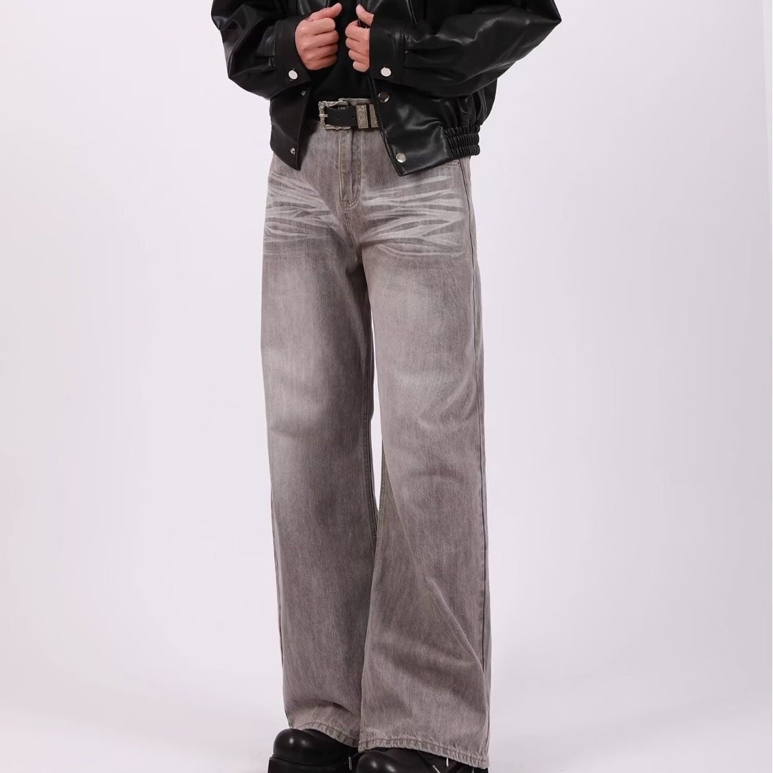 Vintage Washed Gray Denim Pants – Oversized Straight-Leg Jeans For Men & Women (S-3xl) Anti-Stiffness Washes_mkmklike.com
