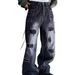 Vintage Washed Distressed Denim Jeans For Men, Loose Fit Straight Leg Baggy Trousers With Patch Details_mkmklike.com
