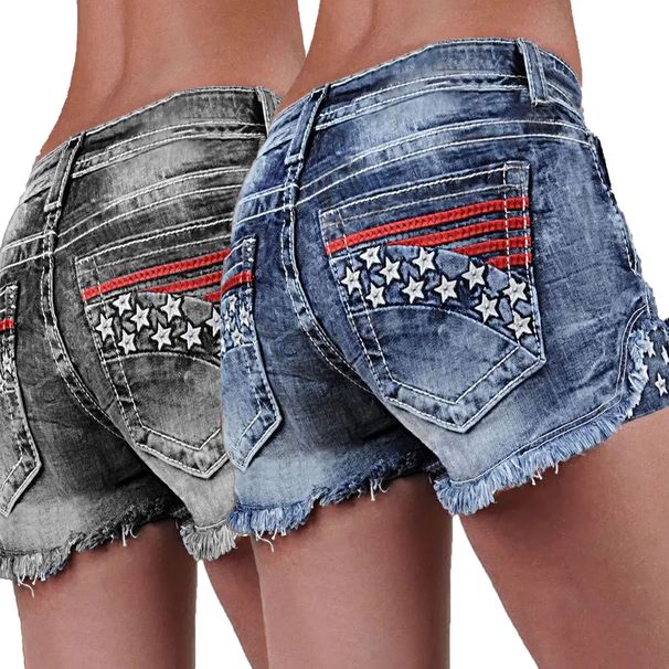 Women's Clothing Women's Denim Embroidered Shorts Fashion Elastic Patch Denim Embroidered Ripped Denim Shorts_mkmklike.com