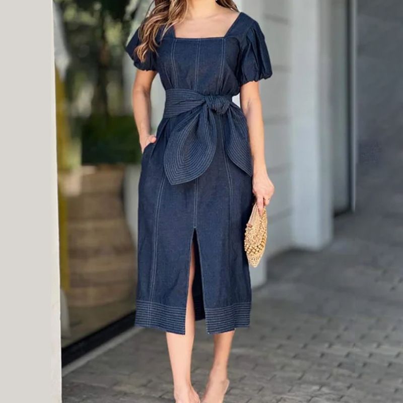 Women's clothing knee-length skirt foreign trade loose casual straps slit short-sleeved women's denim dress_mkmklike.com