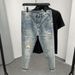 Men's Slim Fit Jeans With Printed Design, Tapered Leg, Nine-Length, Summer Casual Style, Comfortable Stretch Denim For Youth_mkmklike.com