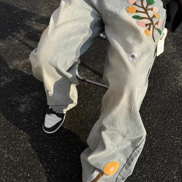 Vintage Floral Embroidered Washed Denim Jeans - High Street Straight Leg Casual Pants For Men & Women_mkmklike.com