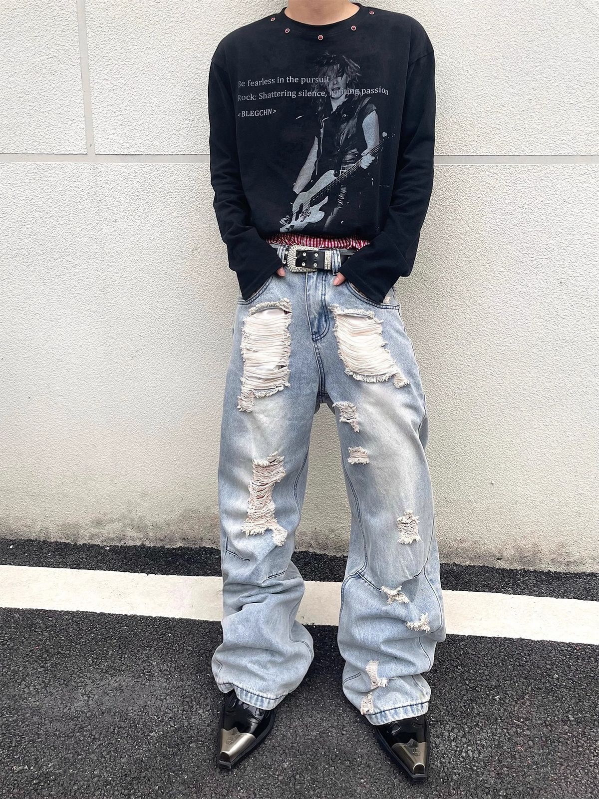 Men's Distressed Flared Jeans With Fringe Detail - Washed Vintage Denim Pants, Loose Fit High Street Trousers For Casual Wear_mkmklike.com