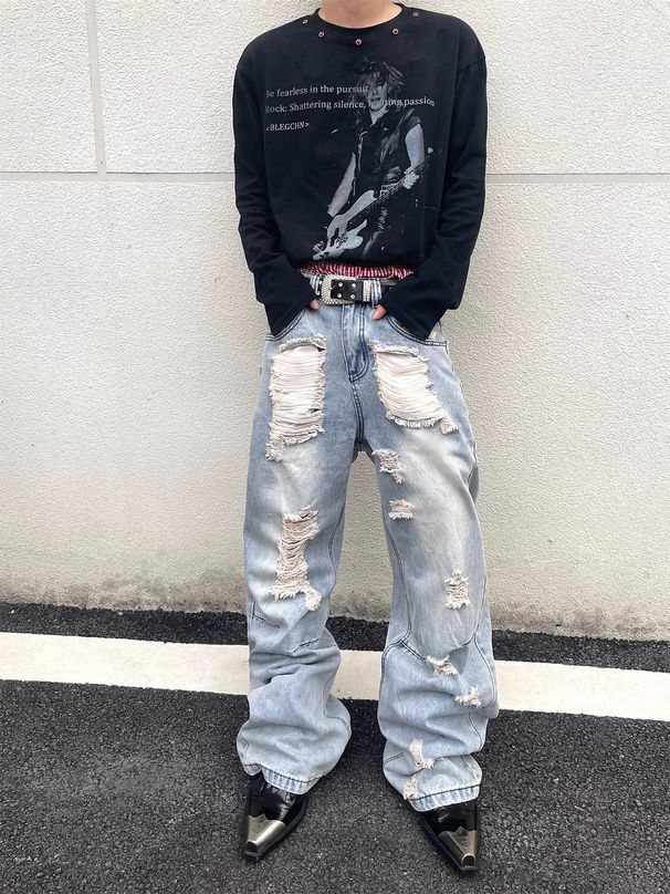 Men's Distressed Flared Jeans With Fringe Detail - Washed Vintage Denim Pants, Loose Fit High Street Trousers For Casual Wear_mkmklike.com