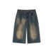 Women's American Retro Distressed Blue Cropped Jeans Summer Thin Loose Fit Mid-Length Over The Knee Wide Leg Shorts_mkmklike.com
