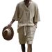 2024 Casual Jacquard Summer Loose Short sleeved T-shirt Shorts V-neck Sports Two piece Set for Men_mkmklike.com