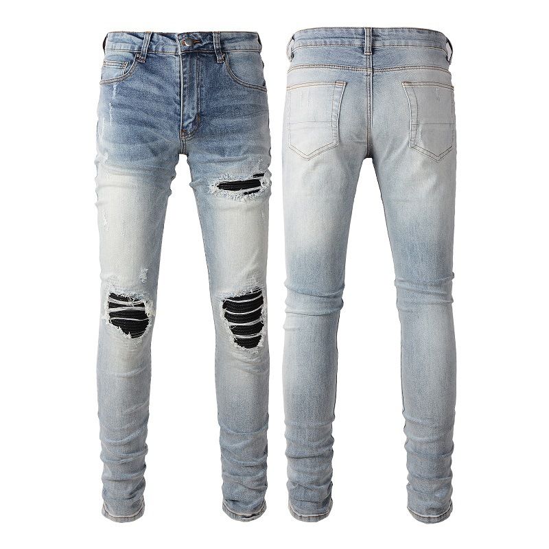 Men's Clothing European And American Trendy Men's Jeans Slim Casual Fashion Straight Ripped PU Patch Light Blue Men's Pants 6667_mkmklike.com