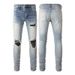 European And American Trendy Brand Men's Jeans Slim Fit Casual Fashion Straight Hole PU Patch Light Blue Men's Pants 6667_mkmklike.com